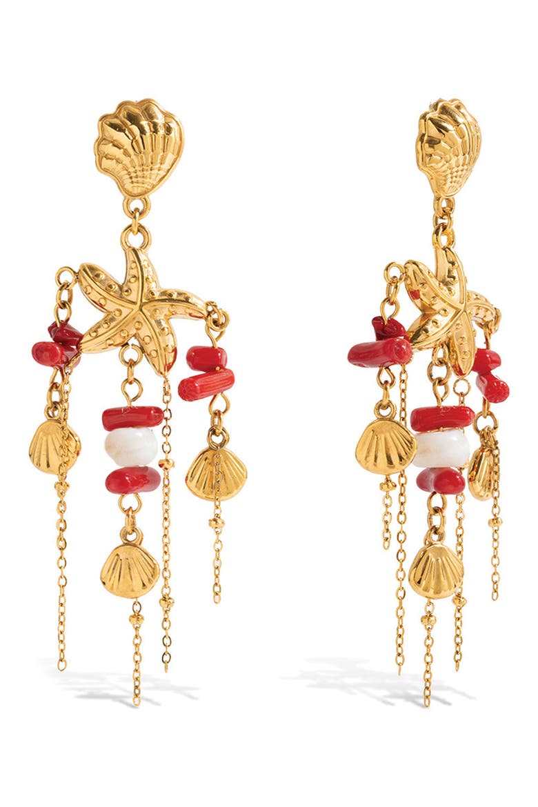 Coral and Shell Drop Earrings, Main, color, GOLD