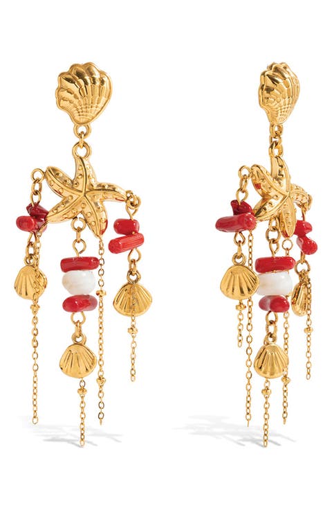 Coral and Shell Drop Earrings