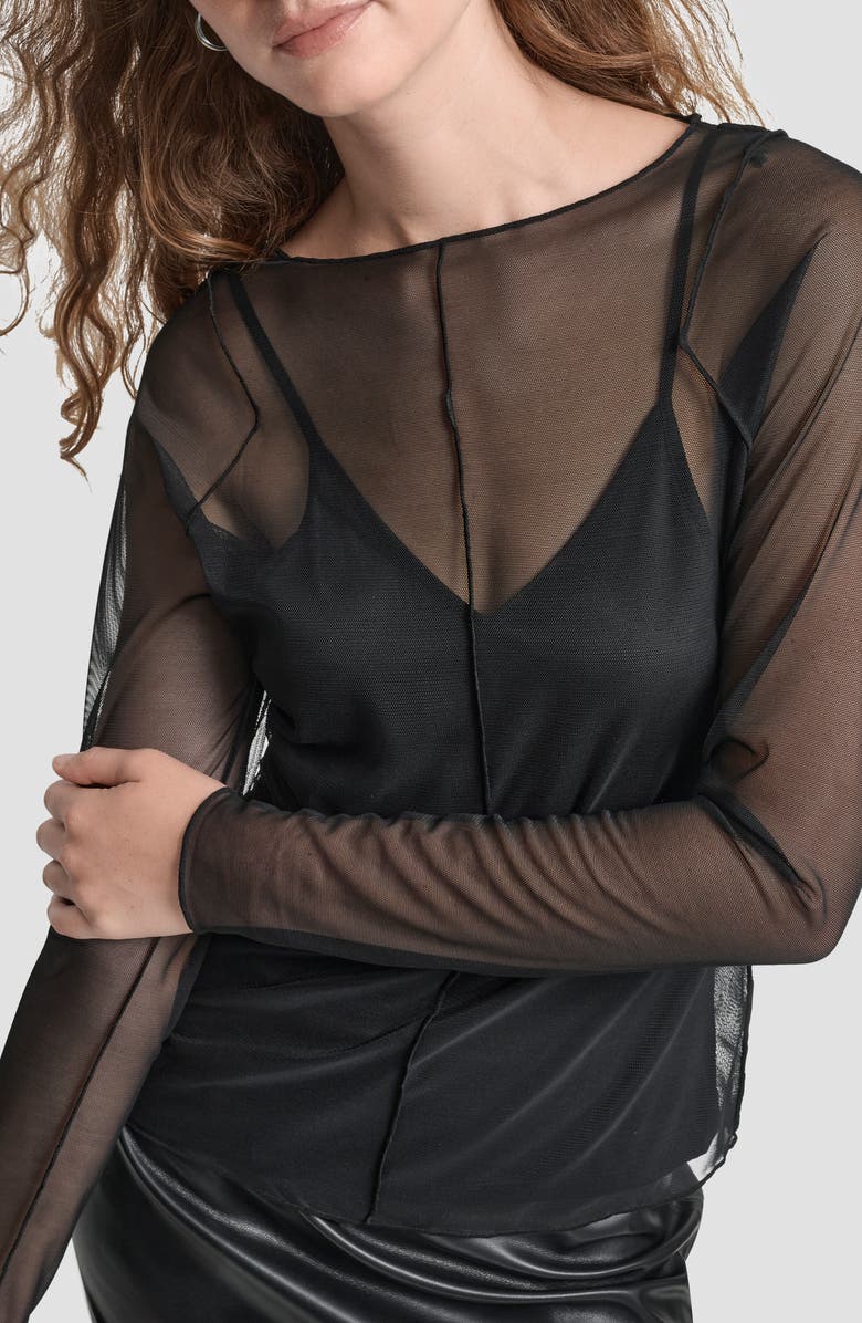 DKNY Exposed Seam Mesh Top, Alternate, color, Black