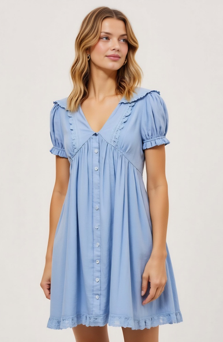 Modenaire Button-Front Puff Sleeve Lace Trim Ruffle Detail Mini Dress, Alternate, color, Light Blue