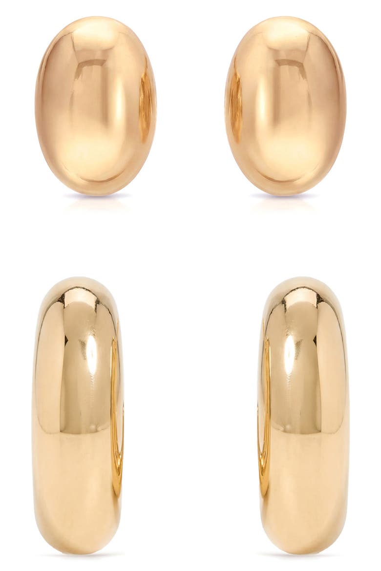Set of 2 Pairs Thick Dome Hoop & Stud Earrings, Alternate, color, GOLD