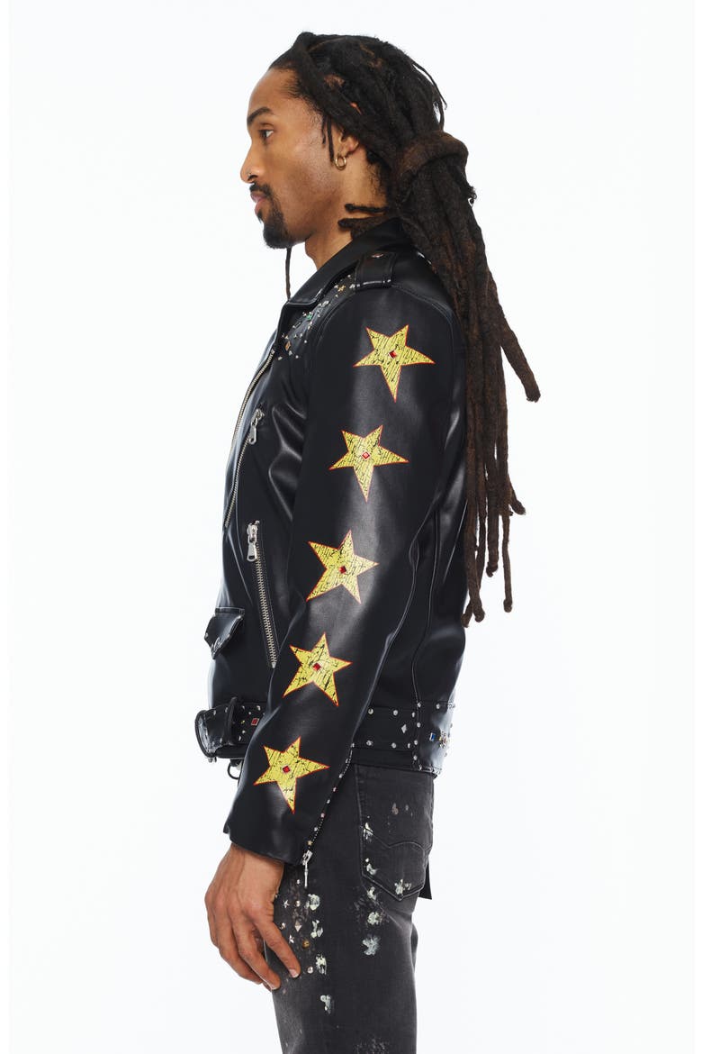 Stars Leather Moto Jacket, Alternate, color, BLACK