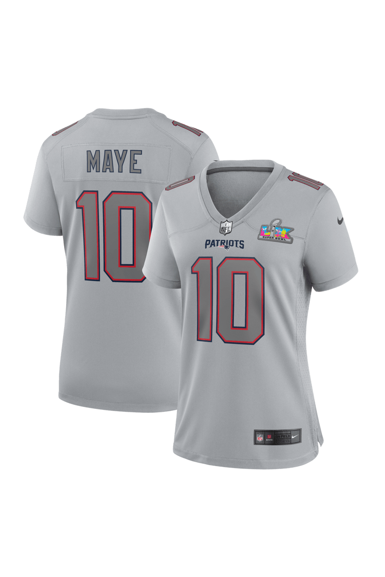 Women's Nike Drake Maye Silver New England Patriots Super Bowl LX Patch Atmosphere Fashion Game Jersey, Main, color, Silver