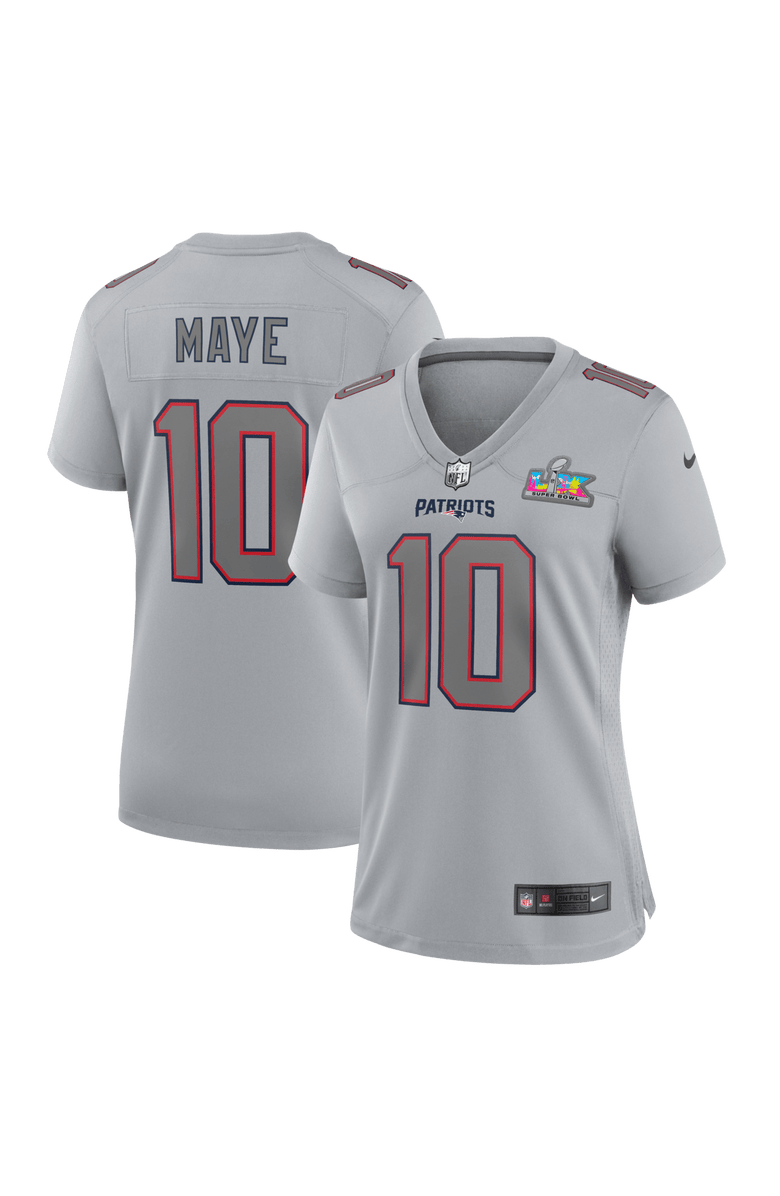 Nike Women's Nike Drake Maye Silver New England Patriots Super Bowl LX Patch Atmosphere Fashion Game Jersey, Main, color, Silver