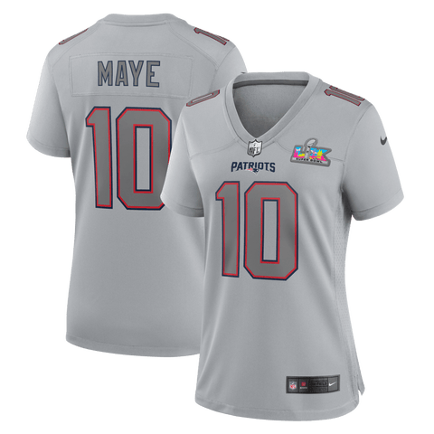 Women's Nike Drake Maye Silver New England Patriots Super Bowl LX Patch Atmosphere Fashion Game Jersey
