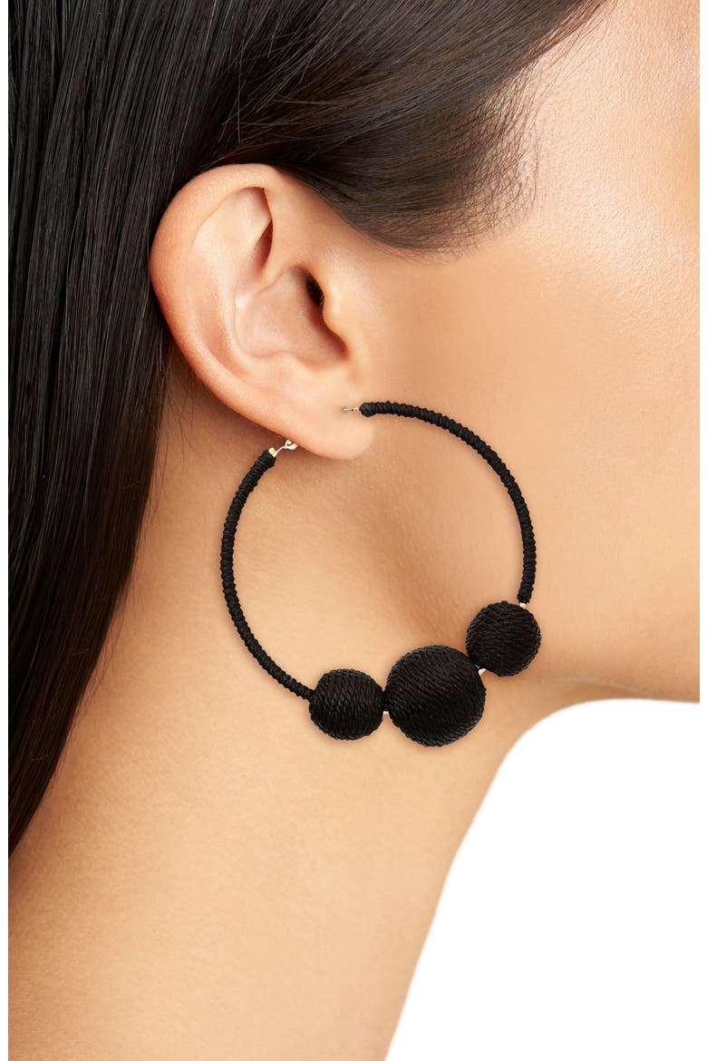 Wrapped Ball Hoop Earrings, Alternate, color, BLACK