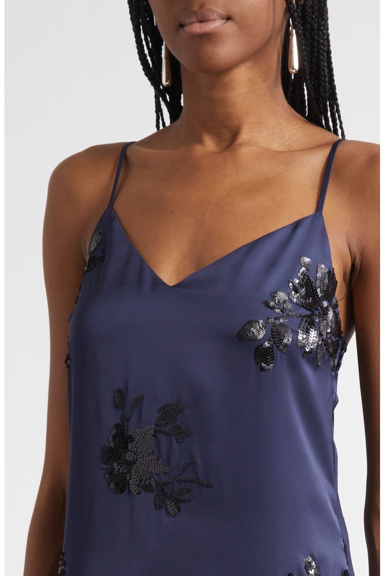 Shannon Placed Sequin Floral Satin Slipdress, Alternate, color, NAVY