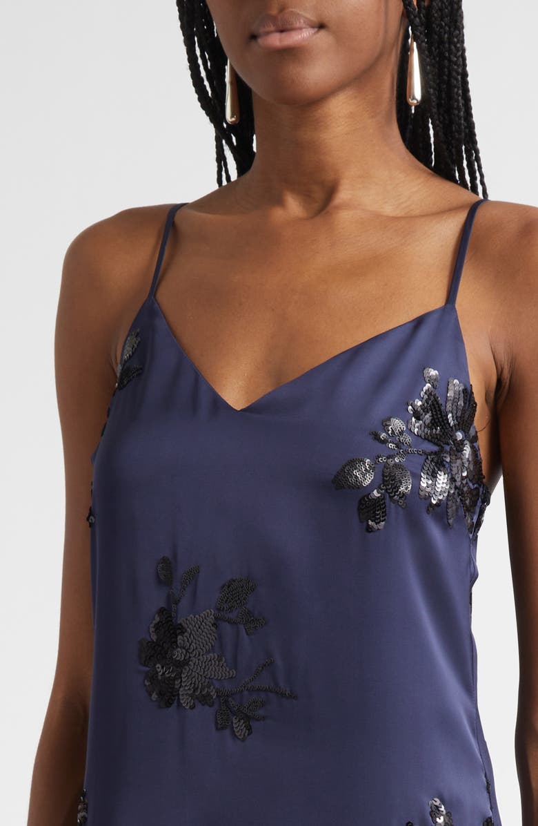 Ramy Brook Shannon Placed Sequin Floral Satin Slipdress, Alternate, color, Navy