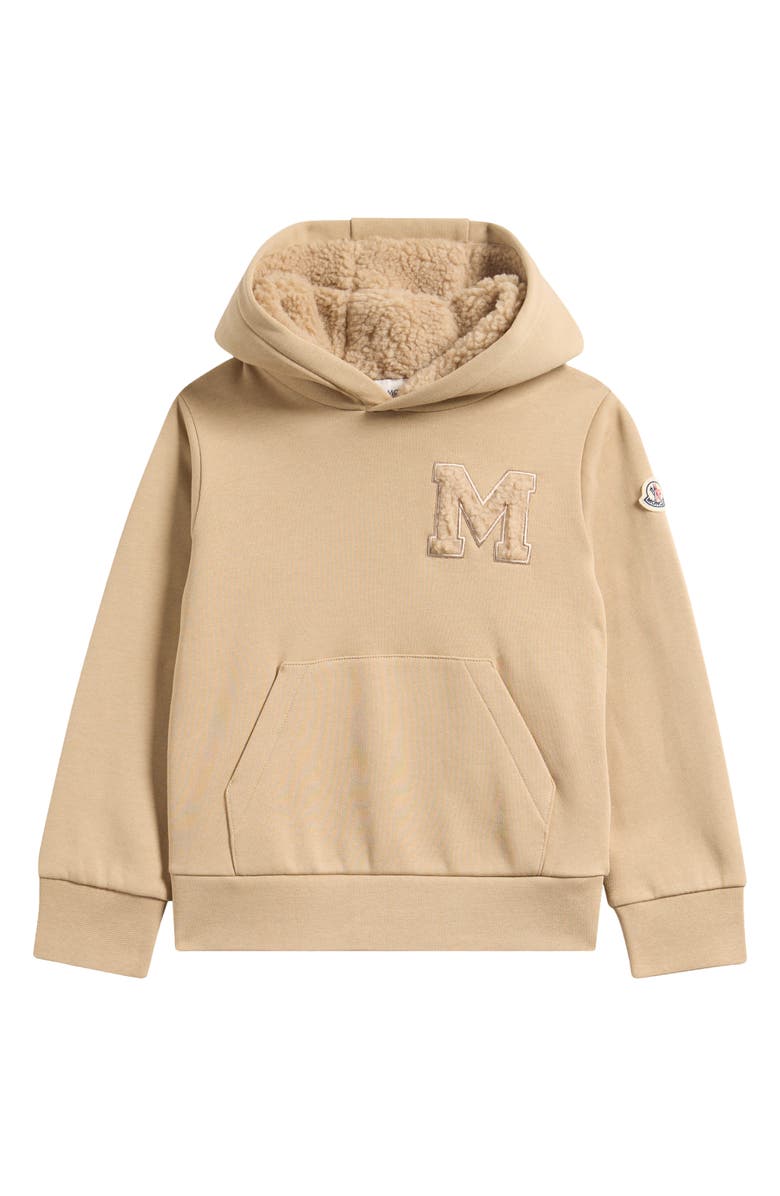 Moncler Kids' Logo Appliqué Cotton Fleece Hoodie, Main, color, Beige