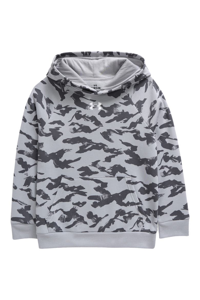 Kids' UA Rival Print Fleece Hoodie, Main, color, MOD GRAY / CASTLEROCK / WHITE