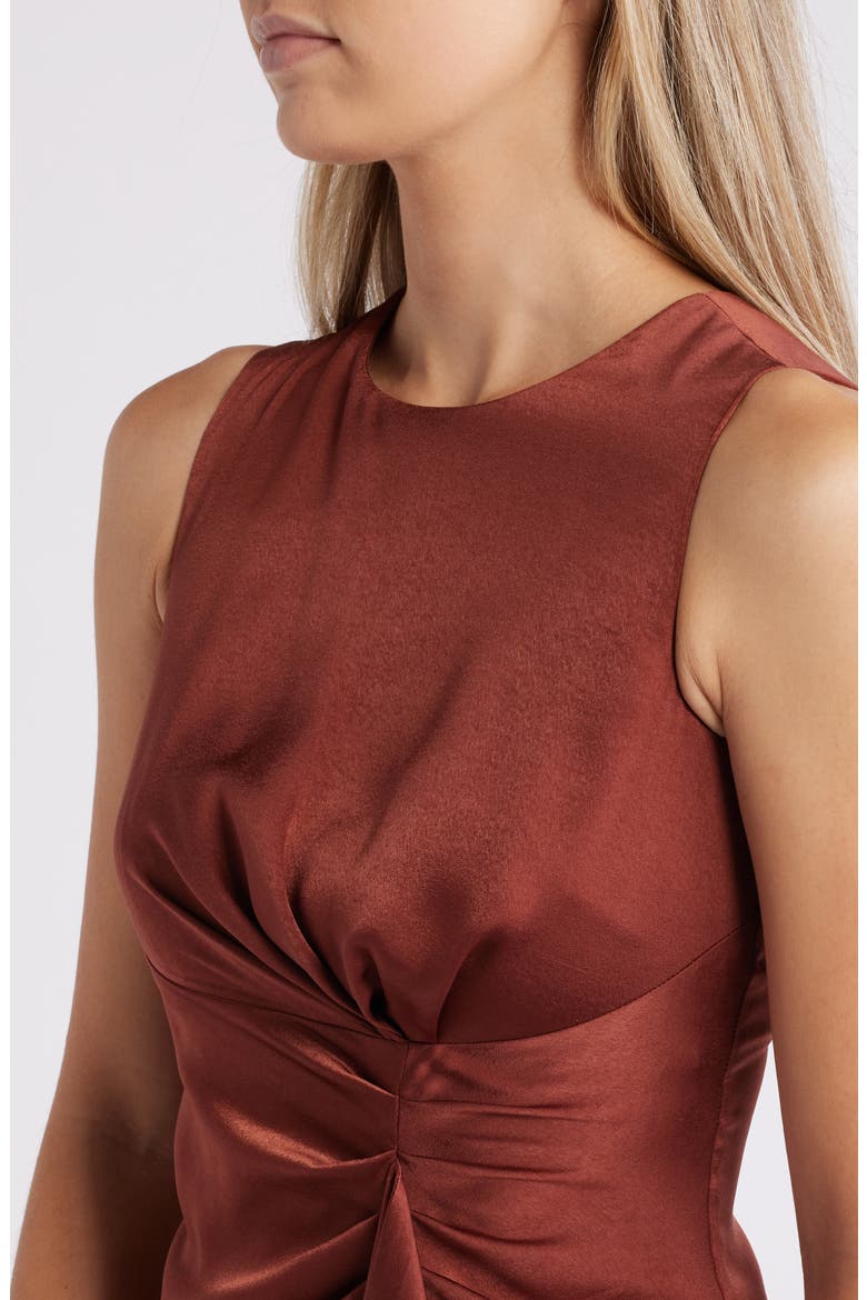 Ruffle Detail Sleeveless Satin Sheath Midi Dress, Alternate, color, BROWN