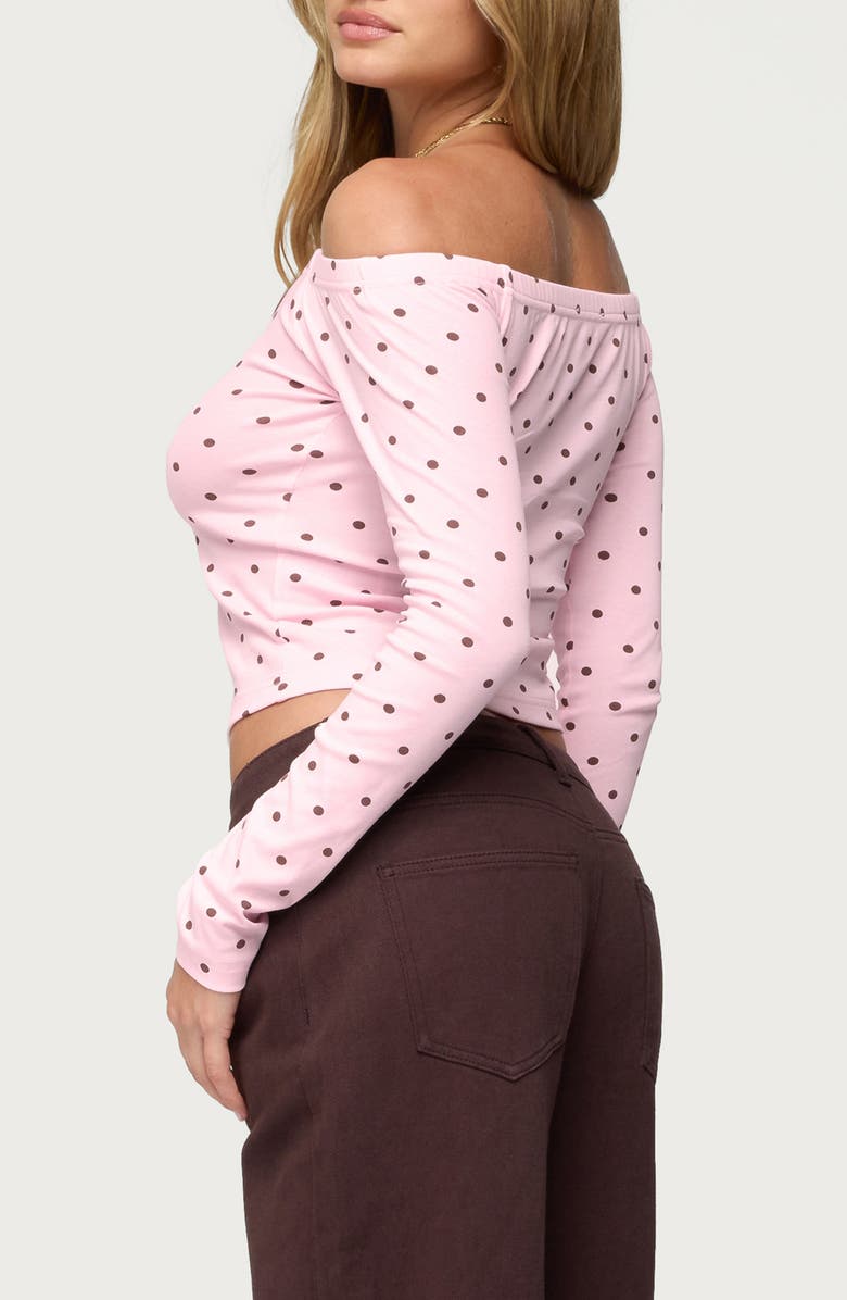 EDIKTED Leandra Polka Dot Off the Shoulder Stretch Cotton Top, Alternate, color, Light-Pink