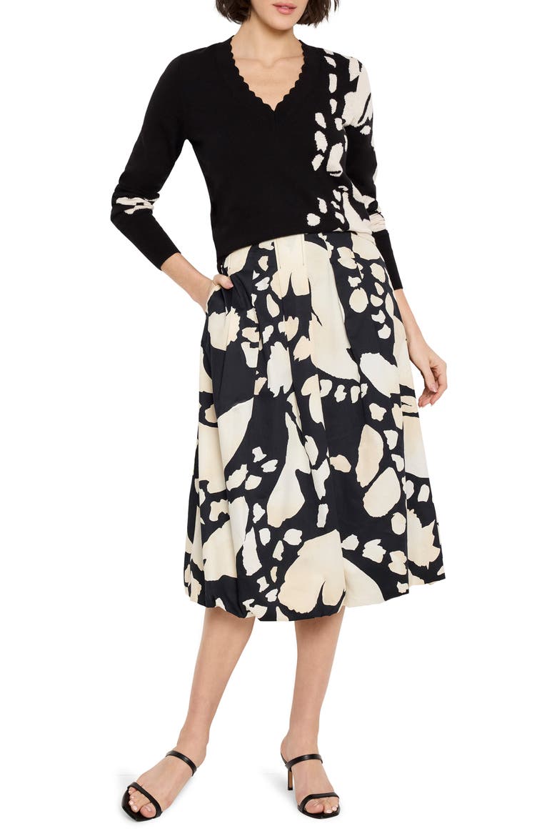 Evening Petal Bubble Hem Cotton Midi Skirt, Alternate, color, BLACK MULTI