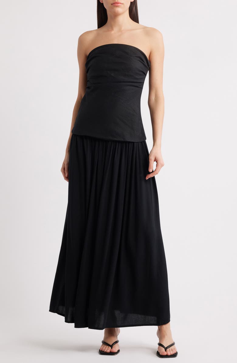 Faithfull the Brand Hedy Strapless Mixed Media Drop Waist Maxi Dress, Main, color, Black