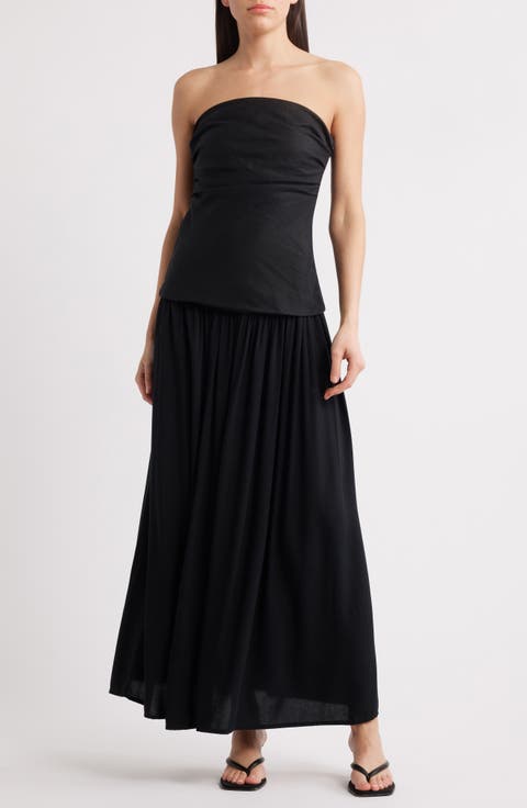 Hedy Strapless Mixed Media Drop Waist Maxi Dress