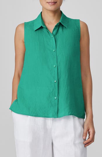 Eileen Fisher Sleeveless Handkerchief Organic Linen Shirt In Sea Star