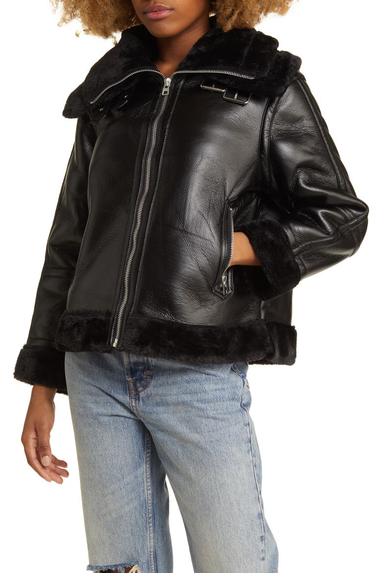 Faux Leather Aviator Jacket with Faux Fur Trim, Alternate, color, BLACK