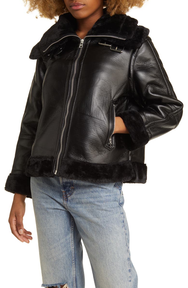 Topshop Faux Leather Aviator Jacket with Faux Fur Trim, Alternate, color,