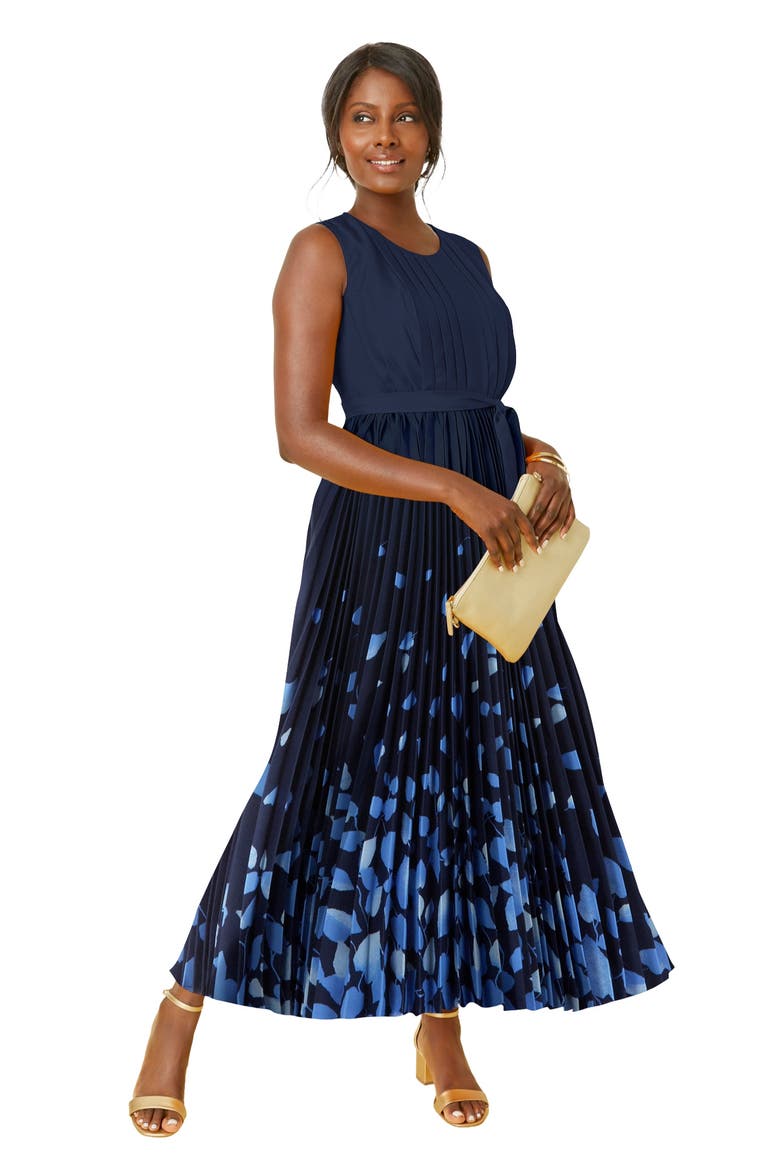 Pleated Maxi Dress, Main, color, NAVY PETAL BORDER