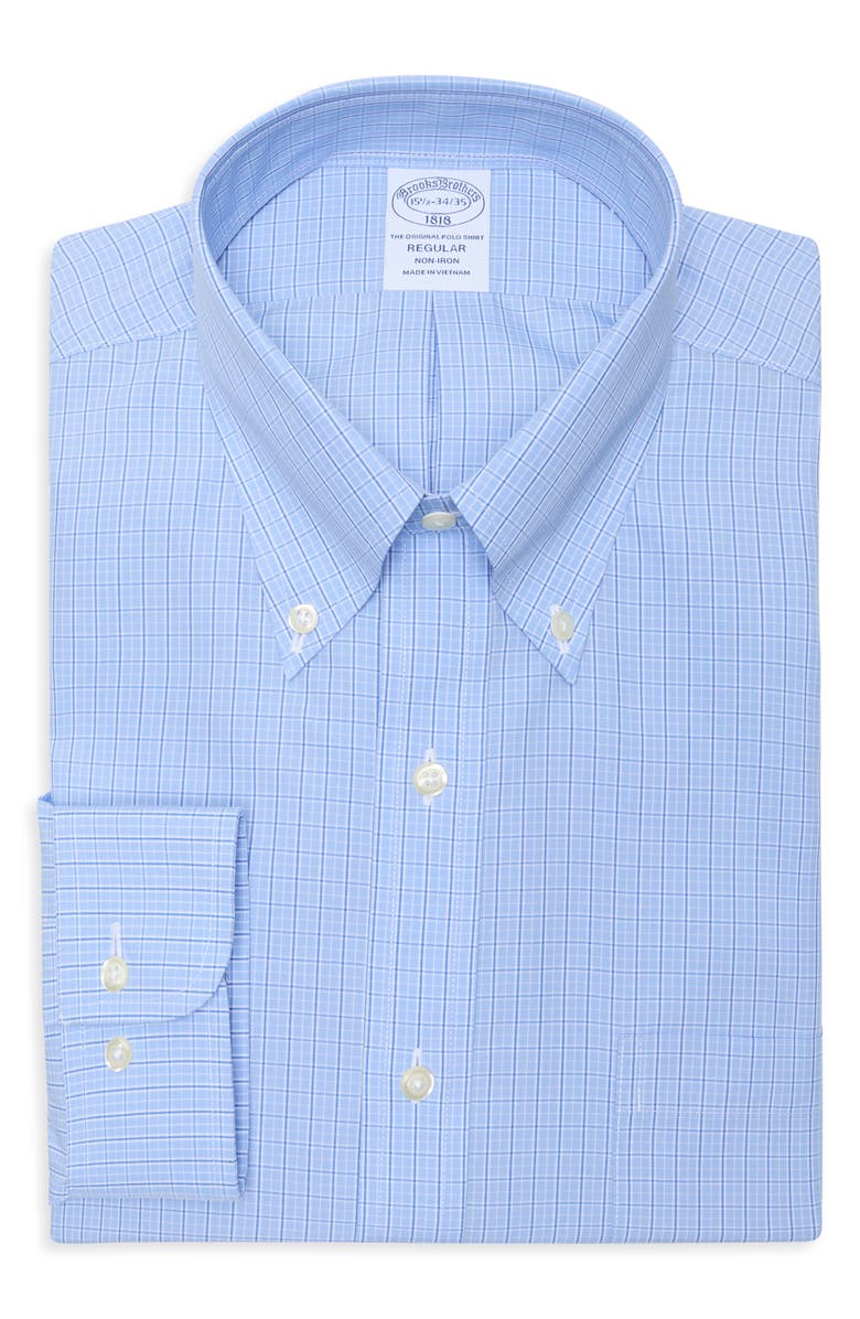 Brooks Brothers Regular Fit Plaid Non-Iron Cotton Dress Shirt, Main, color, Open Blue