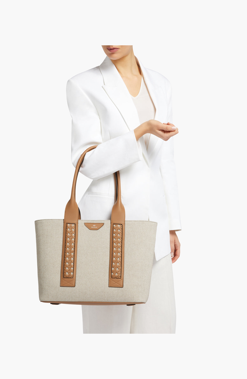 Aviteur Intreccio Weave Canvas Leather Handle Tote In Brown
