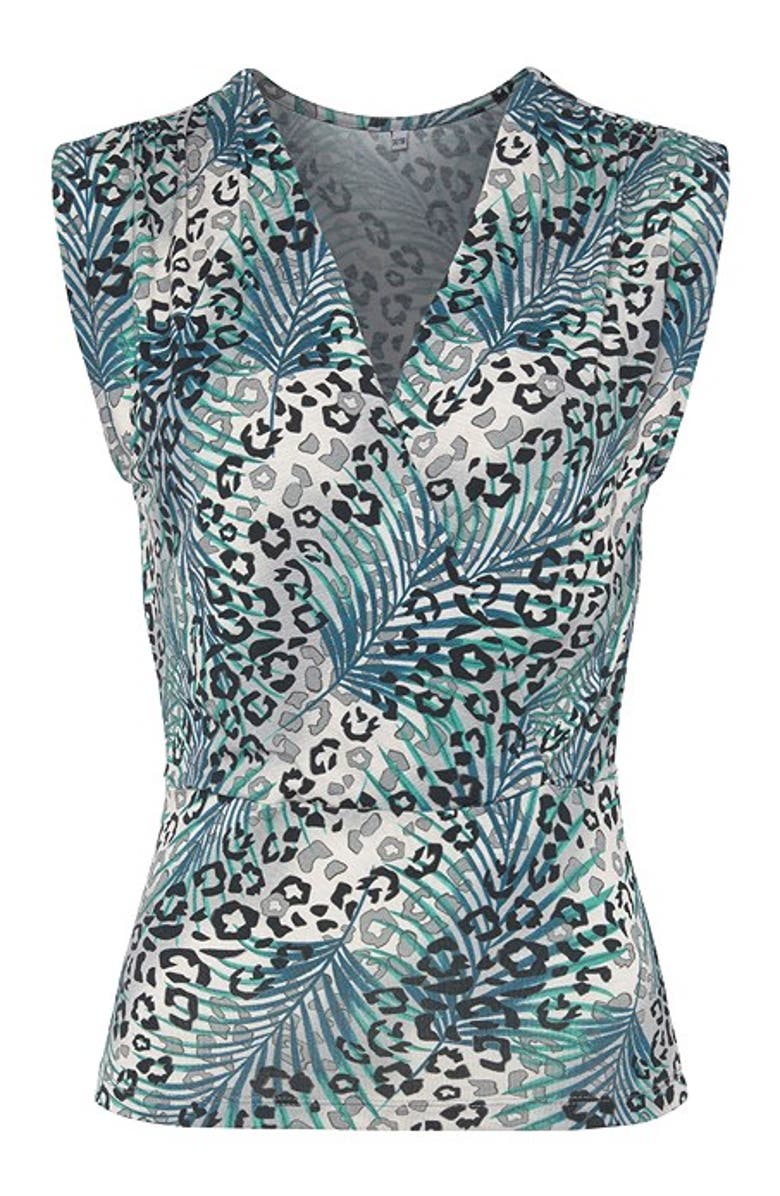 LASCANA Women's Sleeveless Wrap Look Top, Alternate, color, Grey & Teal