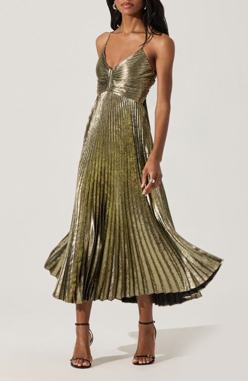 Astr The Label Blythe Metallic Pleated Midi Dress In Green