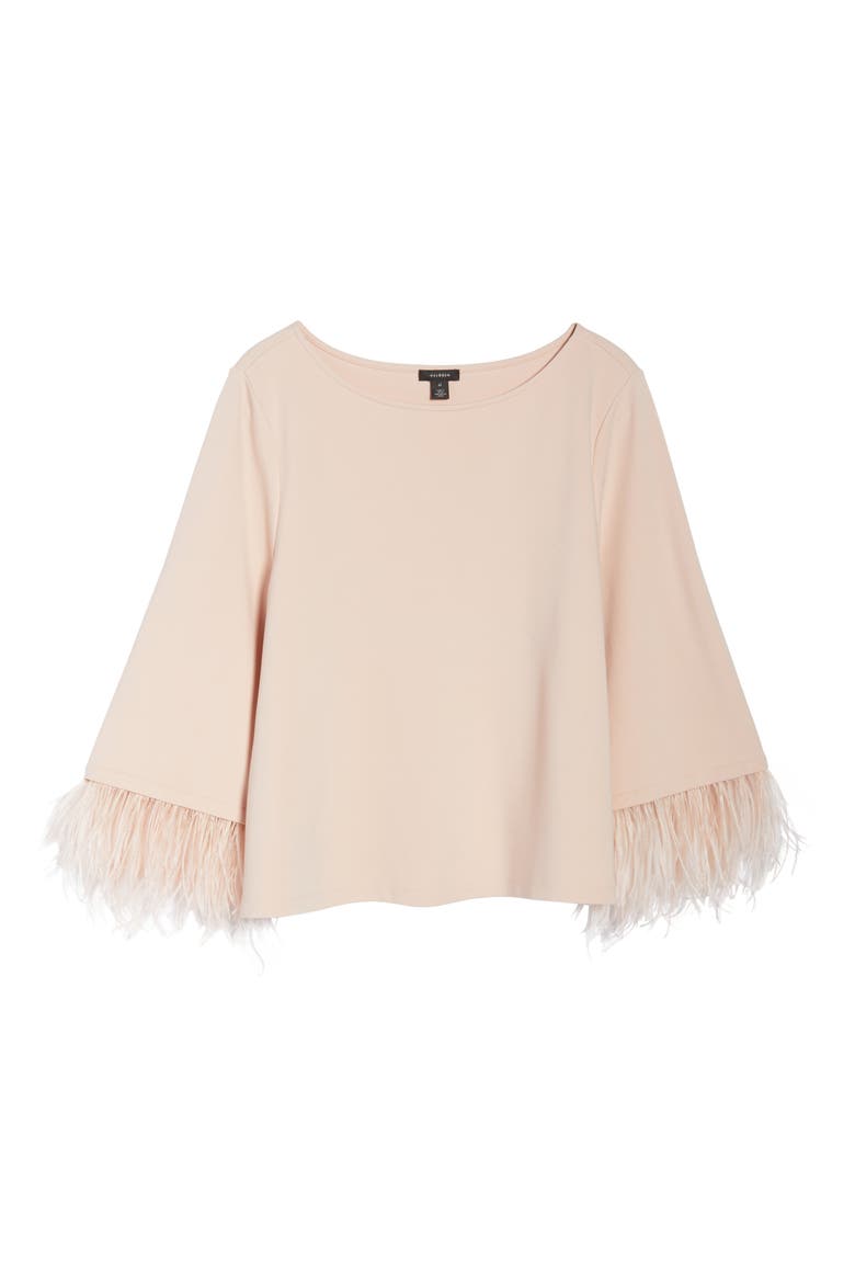 Feather Trim Ponte Top, Alternate, color, PINK SMOKE