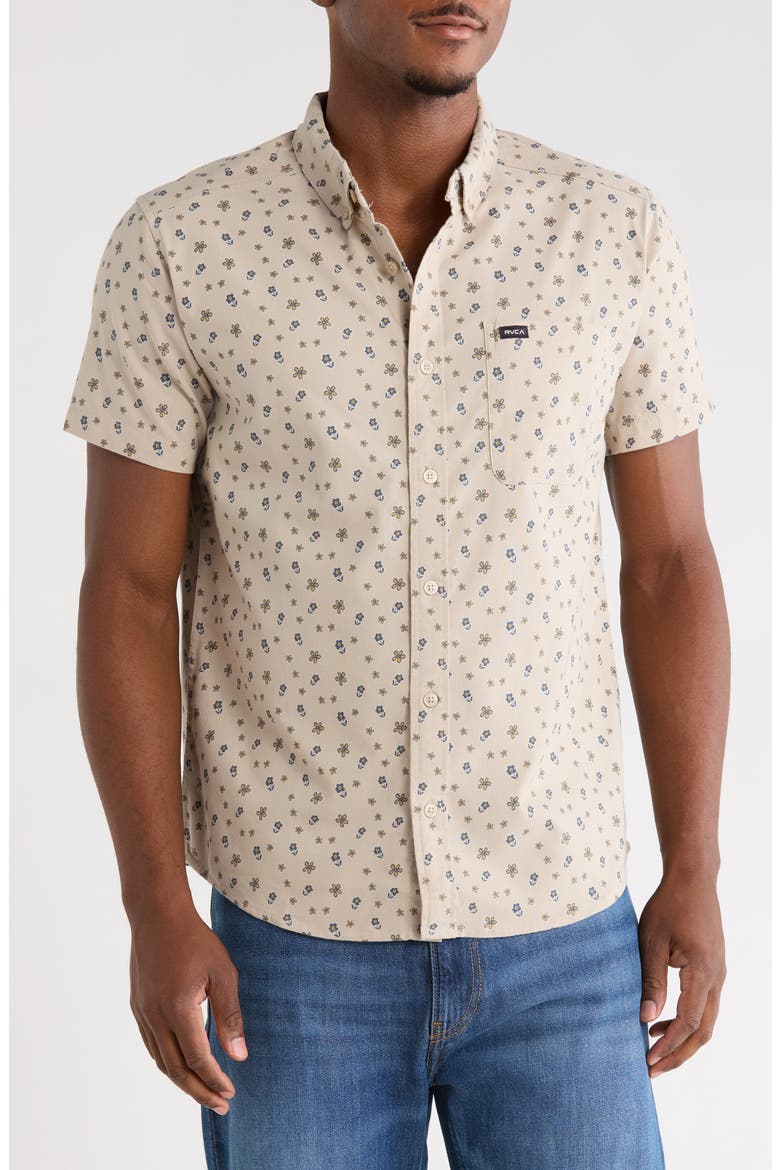 That'll Do Print Short Sleeve Button-Down Shirt, Main, color, LIGHT KHAKI