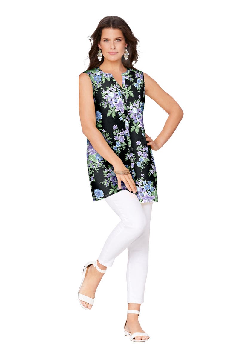 Roaman's Sleeveless Floral Big Shirt, Main, color, Black Floral