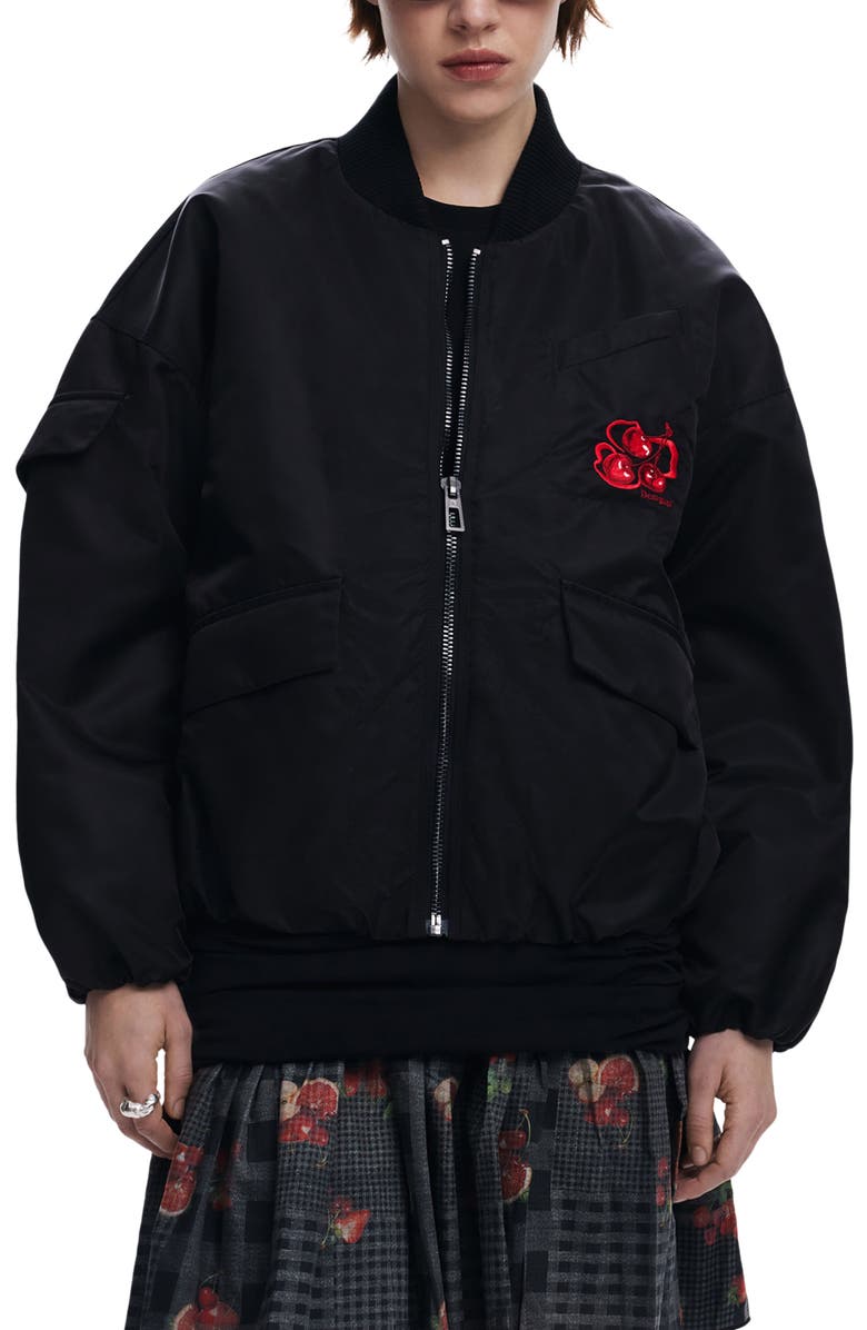 Desigual Cherry Bomber Jacket, Main, color, Black