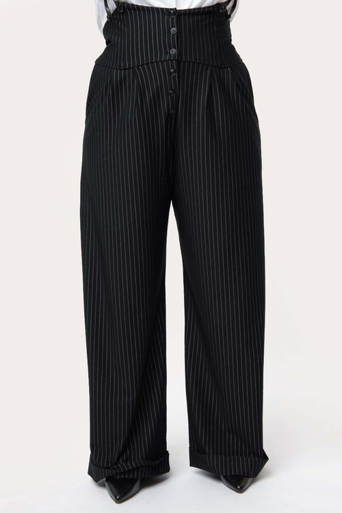 Unique Vintage Plus Size Thelma High Waist Suspender Pants In Black & White Pin Stripe