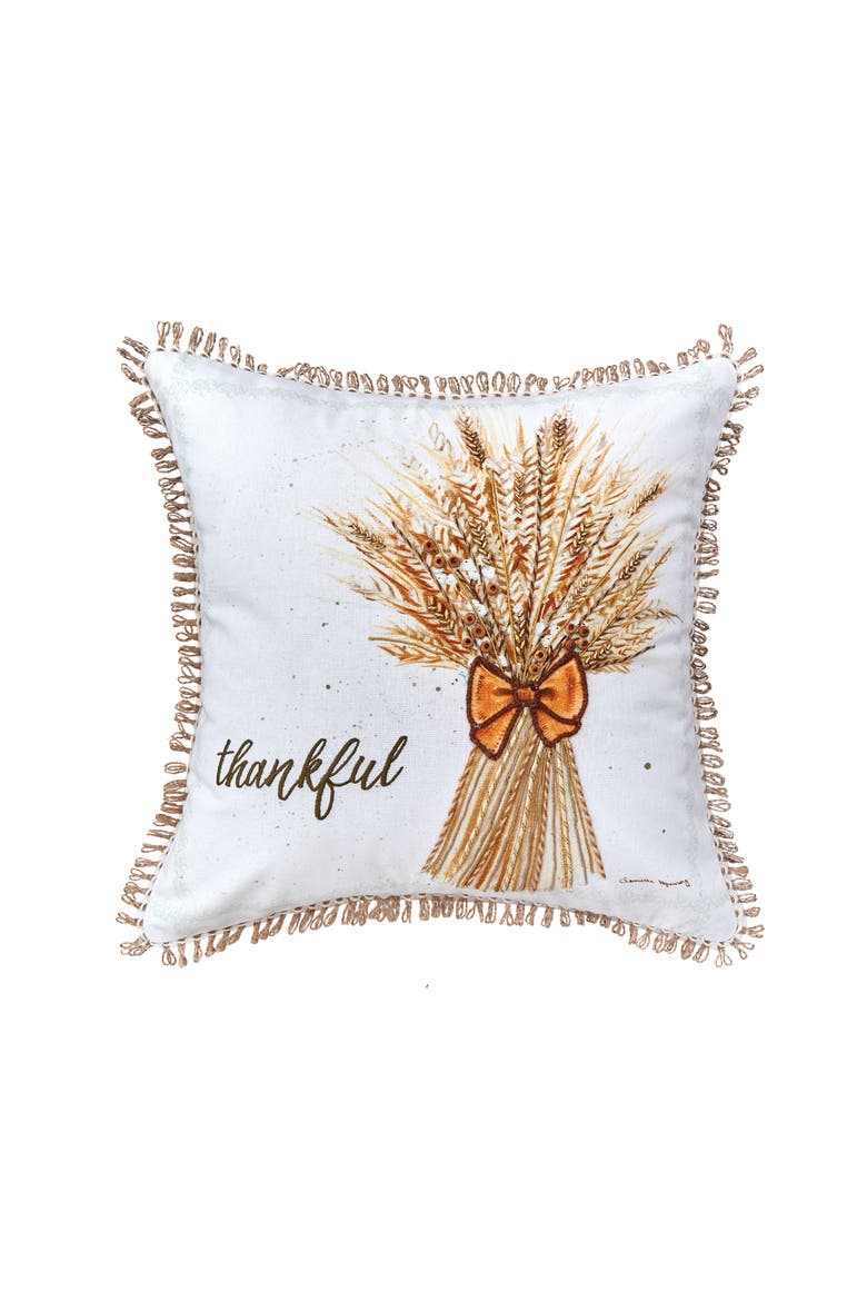 "Thankful" Wheat Bundle w/ Bow Cotton Blend Embroidered Accent Throw Pillow 18" x 18", Main, color, Brown