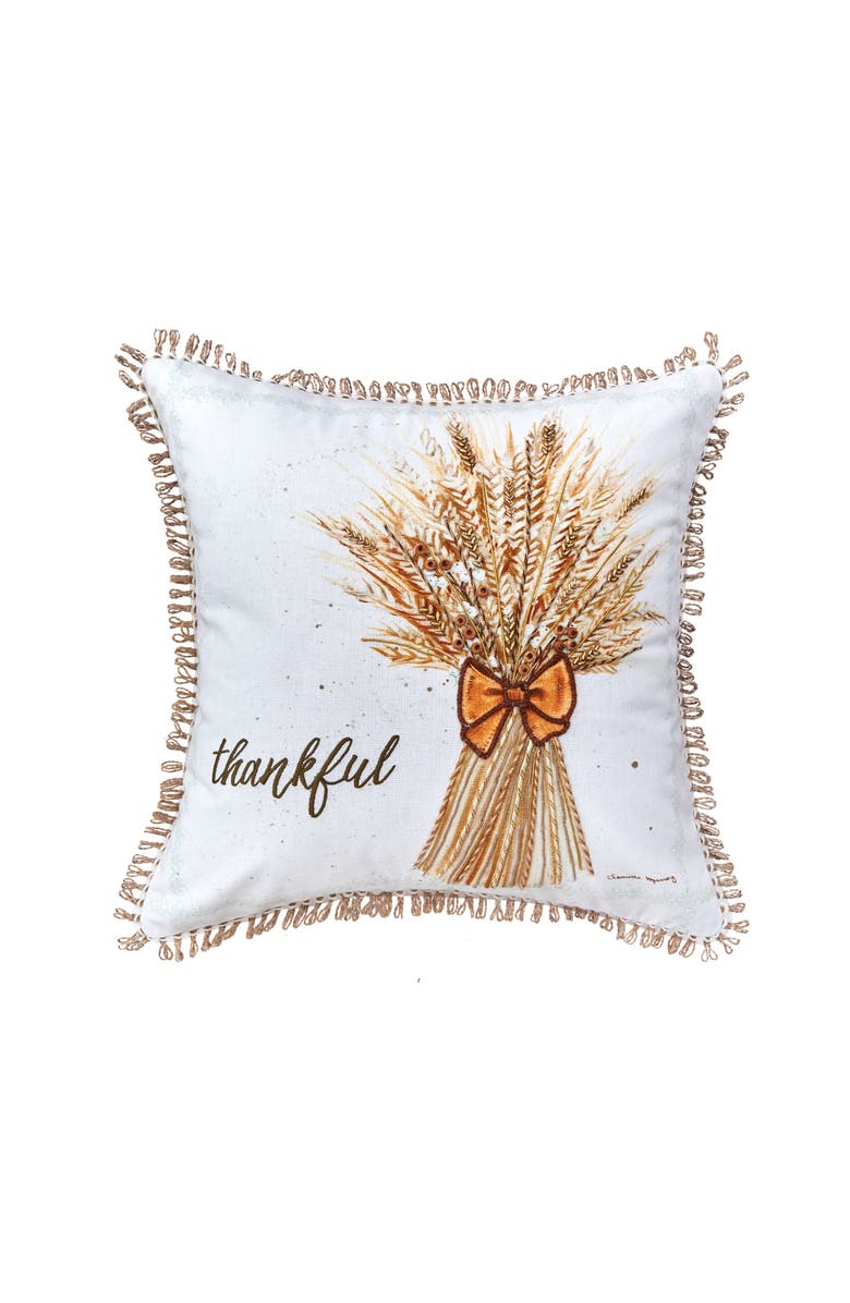 C&F Home "Thankful" Wheat Bundle w/ Bow Cotton Blend Embroidered Accent Throw Pillow 18" x 18", Main, color, Brown