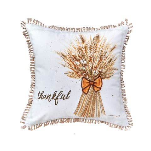 "Thankful" Wheat Bundle w/ Bow Cotton Blend Embroidered Accent Throw Pillow 18" x 18"