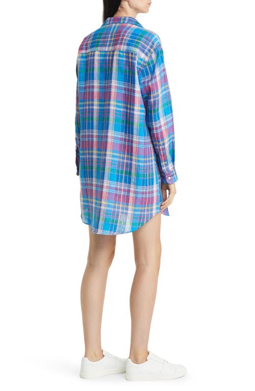 Frank & Eileen Classic Plaid Long Sleeve Linen Shirtdress In Blue Pink Plaid