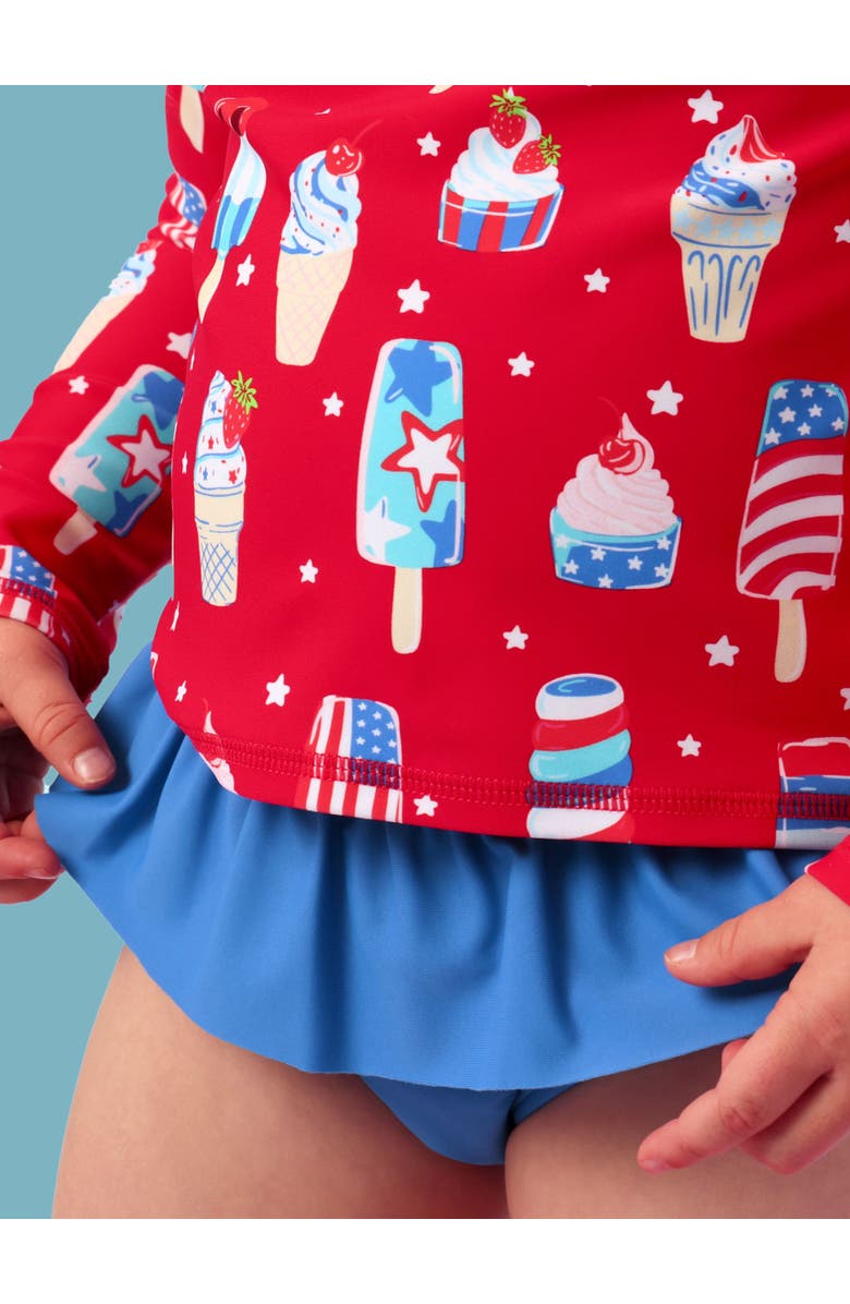 RuffleButts UPF50 Sun Protected Skirted Flutter Long Sleeve Rash Guard Bikini, Alternate, color, Stars & Scoops