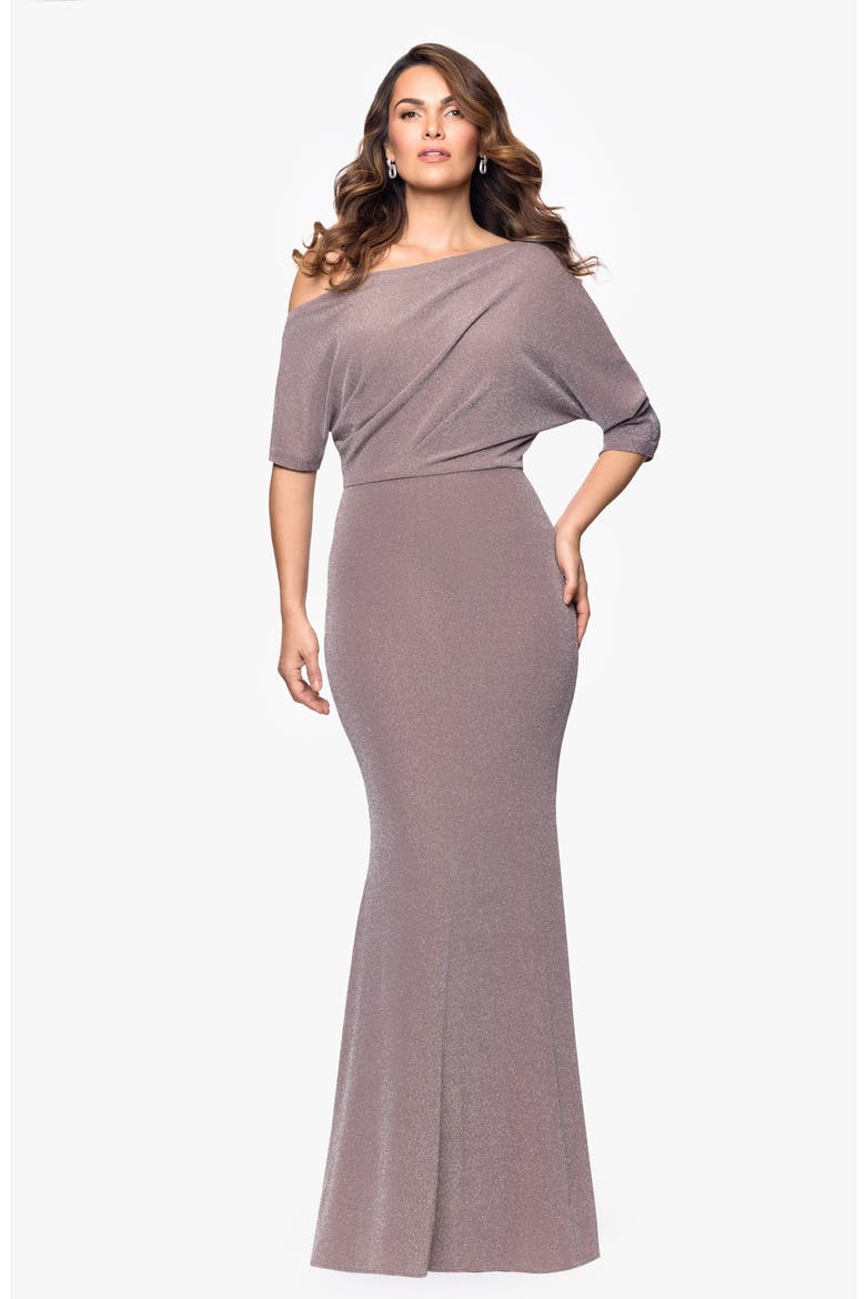 Shimmer One-Shoulder Gown, Alternate, color, TAUPE/ SILVER