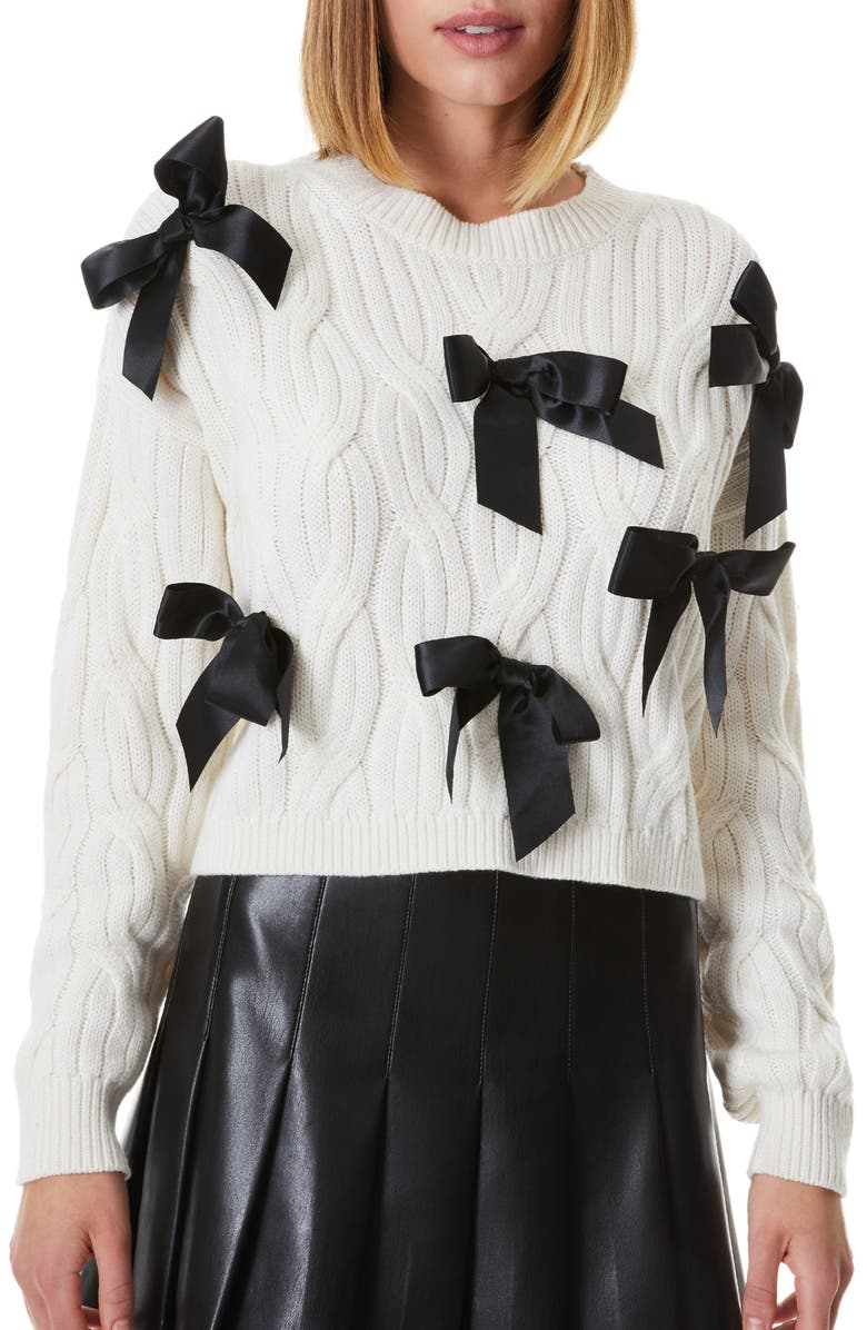 Alice + Olivia Beau Relaxed Fit Bow Detail Cable Sweater, Main, color,