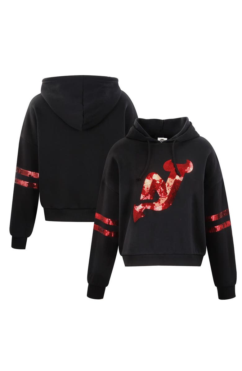 CUCE Women's Cuce Black New Jersey Devils Sequin Cropped Pullover Hoodie, Main, color, 