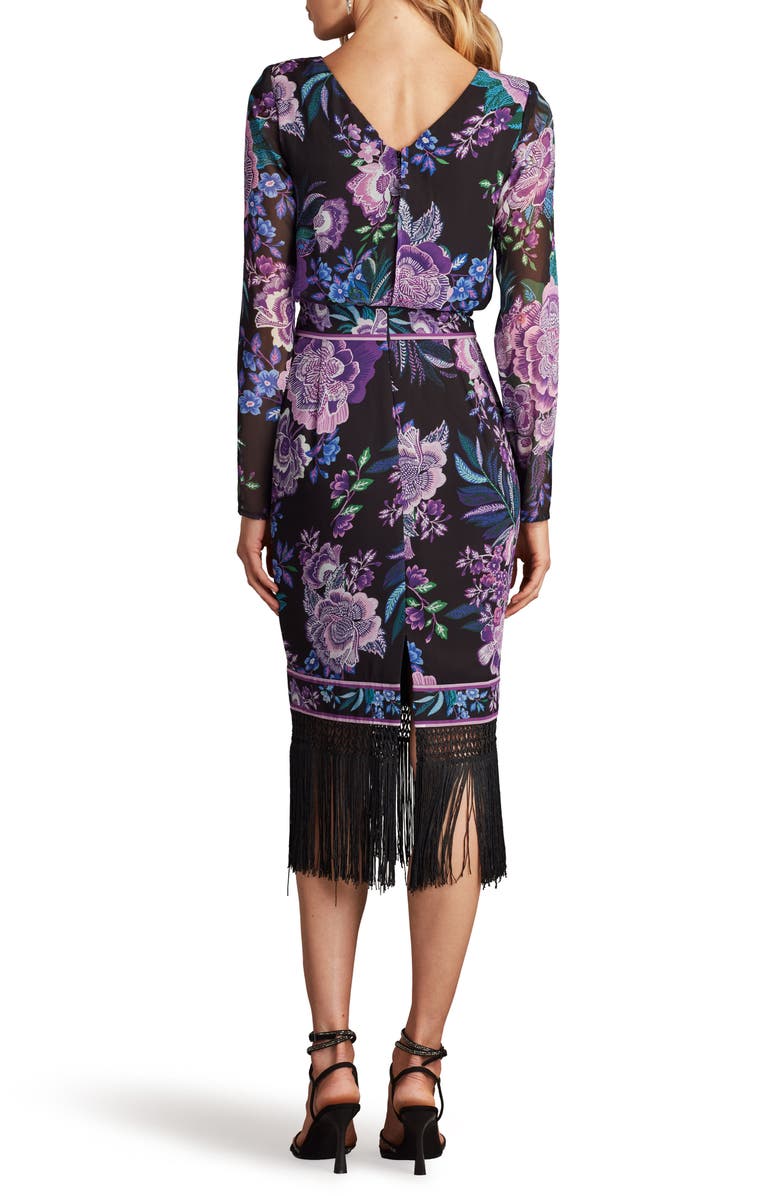 Tadashi Shoji Floral Fringe Detail Long Sleeve Dress, Alternate, color, Black/ Purple Floral