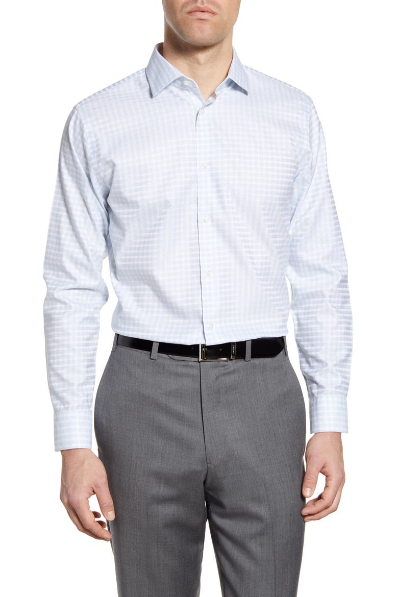 Trim Fit Non-Iron Dress Shirt, Main, color, BLUE COOL EOE PLAID