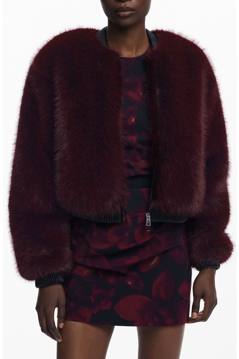 Faux Fur Bomber Jacket, Main, color, BURGUNDY
