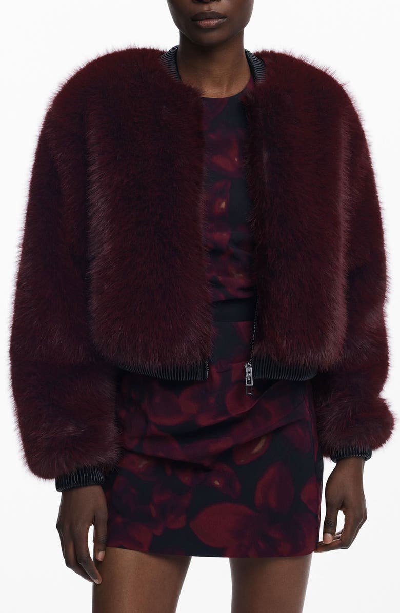 Desigual Faux Fur Bomber Jacket, Main, color, Burgundy