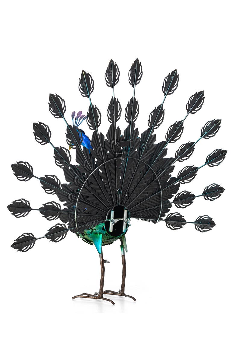 28.75"W Metal Peacock Tail Spread Garden Statue with Stakes, Alternate, color, Blue