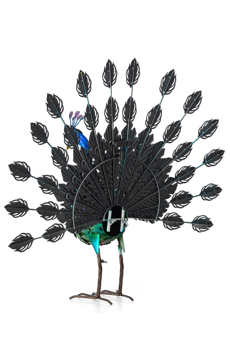Glitzhome 28.75"W Metal Peacock Tail Spread Garden Statue with Stakes, Alternate, color, Blue