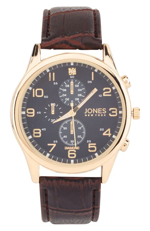 Diamond Chronograph Croc Embossed Leather Strap Watch, 42mm