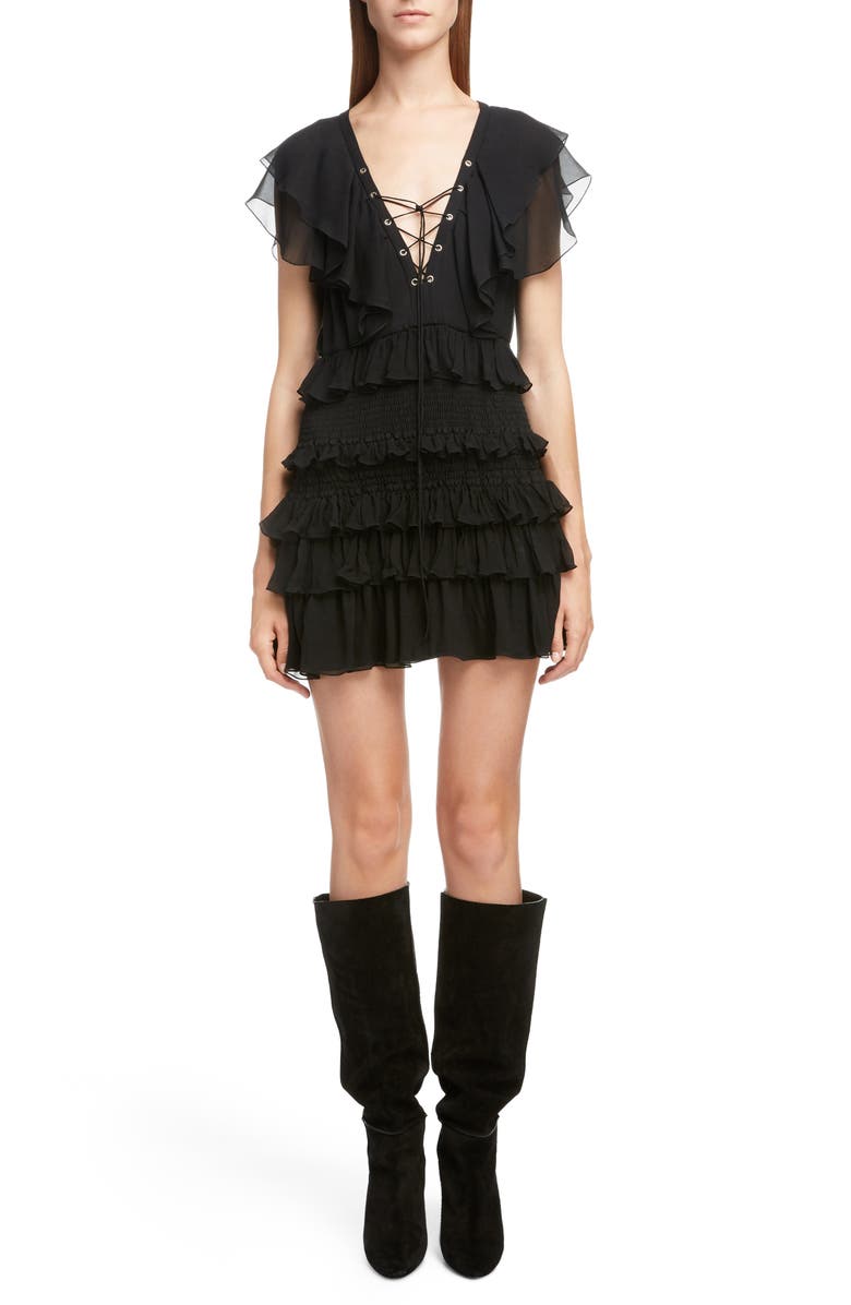 Saint Laurent Smocked Silk Ruffle Minidress, Main, color,