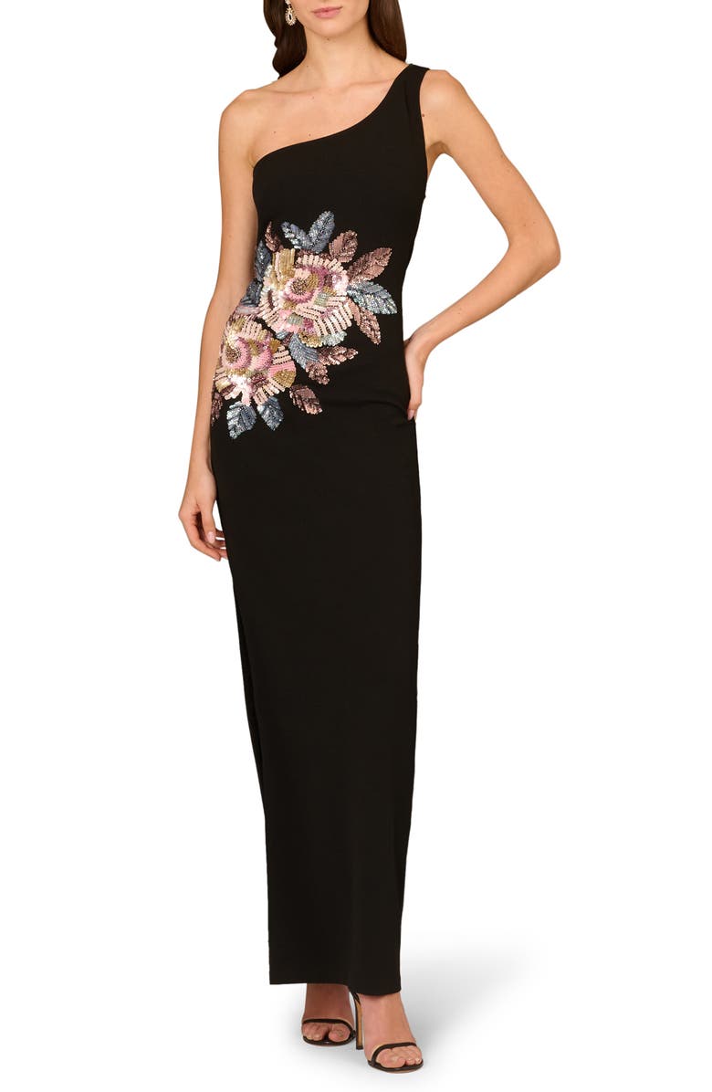 Aidan Mattox by Adrianna Papell Beaded Floral Detail One-Shoulder Column Gown, Main, color, Black