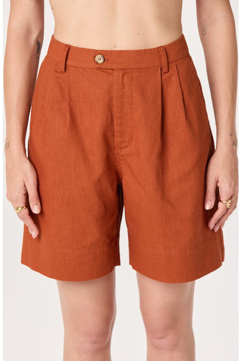 Koda Pleated Linen Blend Shorts, Alternate, color, RUST